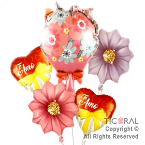 SET DE GLOBOS METALIZADO TE AMO CON FLOR LILA 5 UNIDADES X 1